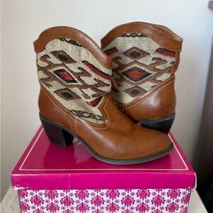 Wanted Brown Leather Ankle Boots with Aztec Textile Panels - Tejas